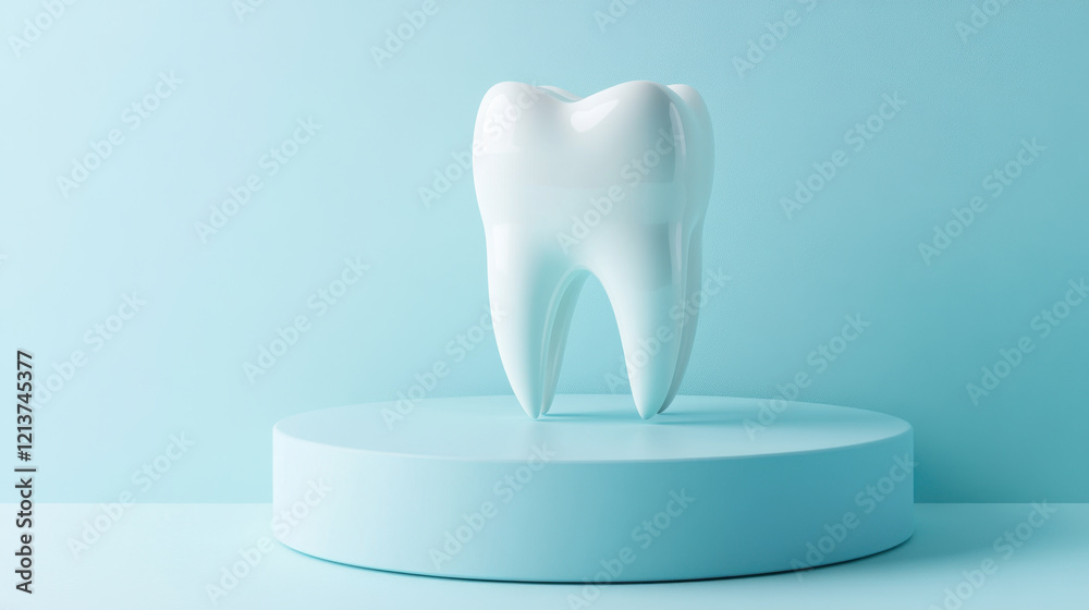 modern tooth trophy displayed on light blue pedestal, symbolizing dental health and care. sleek design and vibrant color create striking visual appeal modern tooth trophy displayed on light blue pedestal, symbolizing dental health and care. sleek design and vibrant color create striking visual appeal