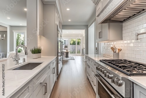 Modern Kitchen Design With Gray Cabinets And White Countertops