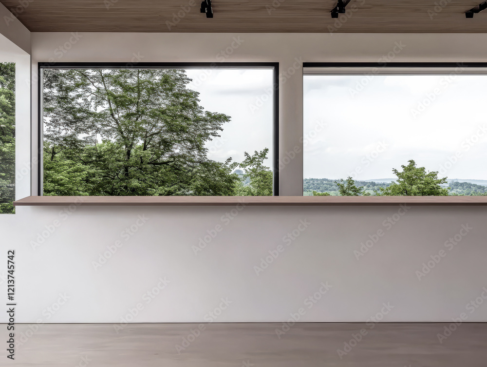 Fototapeta premium Modern interior with large windows showcasing serene outdoor view in a calming environment