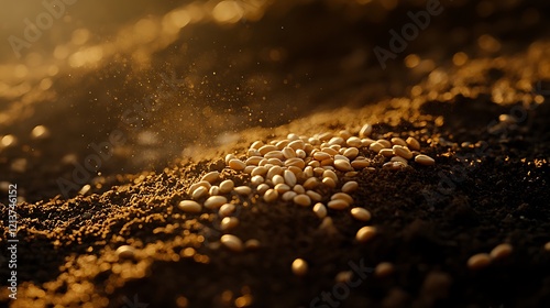 Grain seeds nestled in fertile soil illuminated by a soft natural glow