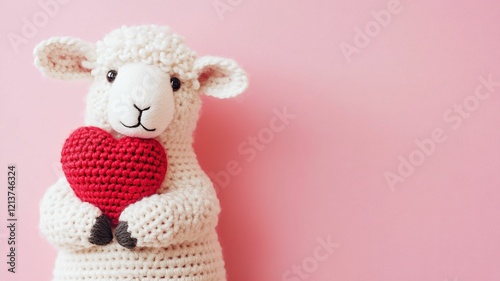 Crochet Lamb with Heart om the pink background for Valentine's Day 