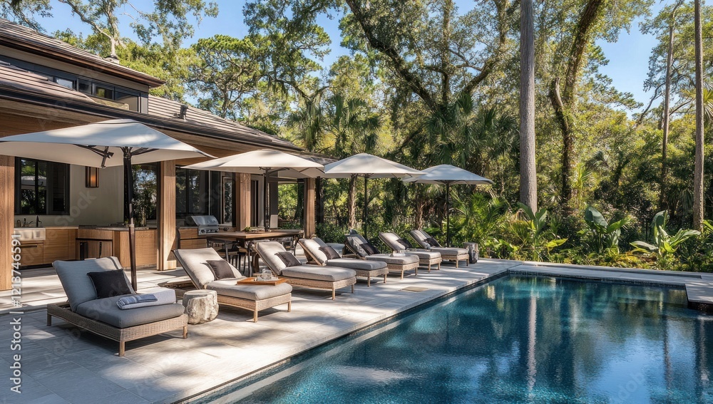 Obraz premium Luxury Poolside Relaxation: Tranquil Backyard Oasis