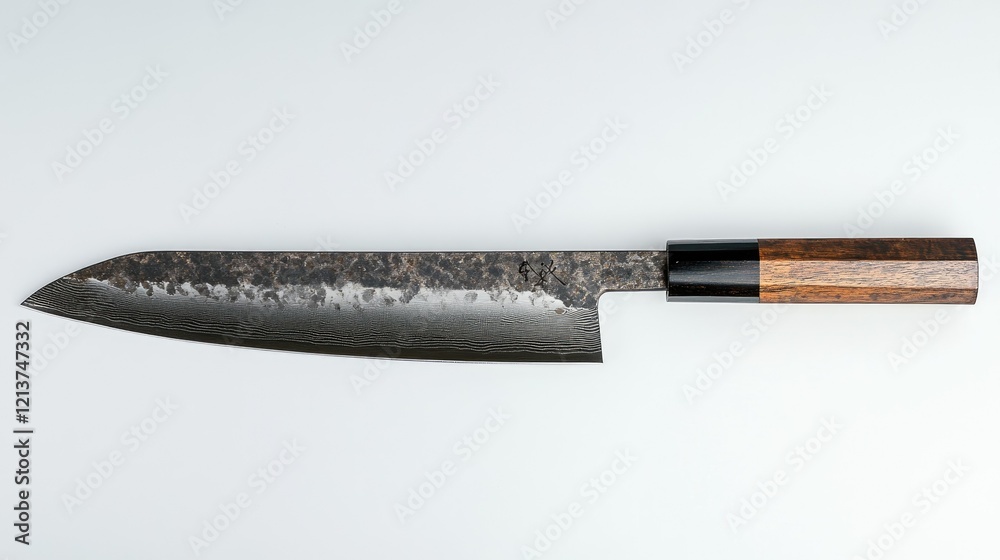 Professional chef knife with a wooden handle and sharp steel blade, displayed on a clean white background. Professional chef knife with a wooden handle and sharp steel blade, displayed on a clean white background.