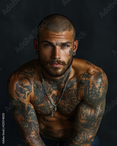 Tattooed Man Posing Against Dark Backdrop