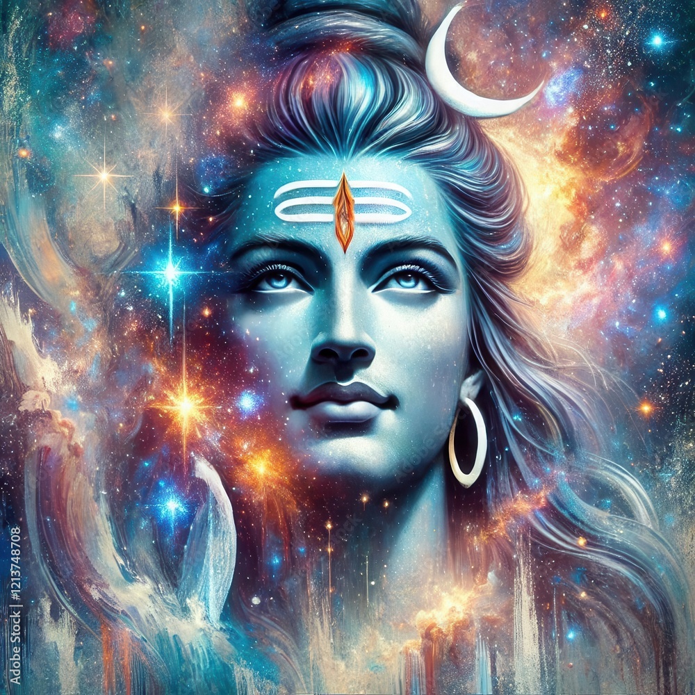 Digital Artwork of Lord Shiva for Maha Shivratri: Crescent Moon Adorned, Cosmic Starry Background Digital Artwork of Lord Shiva for Maha Shivratri: Crescent Moon Adorned, Cosmic Starry Background
