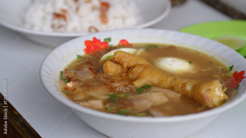 Chicken soup with shredded chicken, chicken feet, eggs, sliced cabbage, vermicelli in broth. Indonesian food. Chicken soup with shredded chicken, chicken feet, eggs, sliced cabbage, vermicelli in broth. Indonesian food.