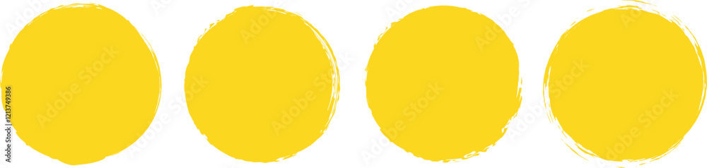 Yellow circle grunge shapes on a white background. Round brush painted circle brush stamps illustration of an orange and yellow