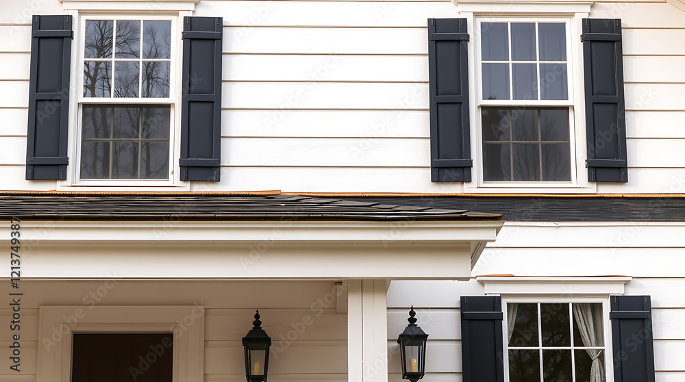 Fototapeta premium Classic White House Exterior with Black Shutters and Porch. Beautiful Home Architecture and Design. Real Estate Photography