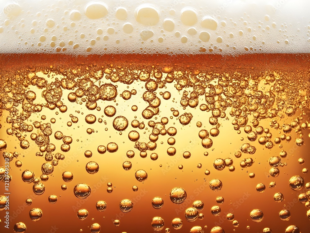 Flowing Amber Brew with Effervescent Carbonation Bubbles and Foam Flowing Amber Brew with Effervescent Carbonation Bubbles and Foam
