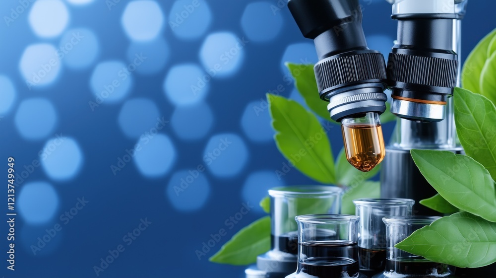microscope hovers above laboratory glassware filled with liquids, including a dropper releasing an amber liquid. Fresh green leaves surround the equipment, creating an organic atmosphere microscope hovers above laboratory glassware filled with liquids, including a dropper releasing an amber liquid. Fresh green leaves surround the equipment, creating an organic atmosphere