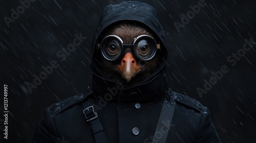 bird-human hybrid stands confidently in a dark setting, wearing round glasses and a black coat, as rain falls around. figures gaze is focused, creating an intriguing atmosphere