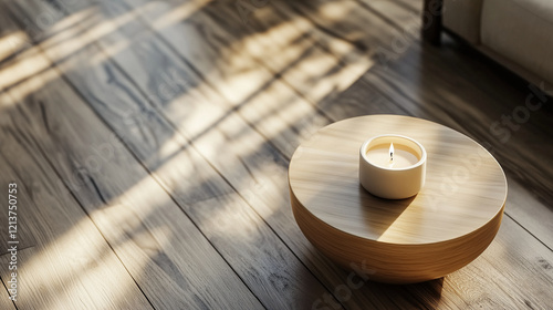 One clean, modern coffee table with a solitary, unlit candle on it, on a hardwood floor.