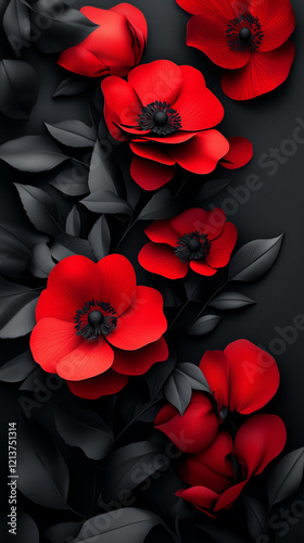 Beautiful elegant black and red flowers on matching background, minimalist wallpaper design