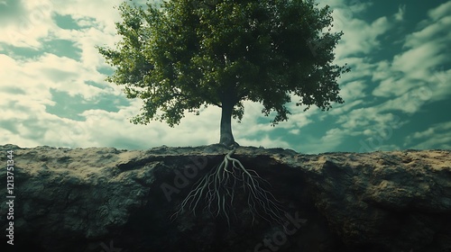 A tree growing from the soil with roots visibly spreading beneath the surface photo