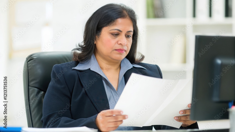 Indian Businesswoman at Desk - A focused Indian businesswoman working at her desk, reviewing business reports in an office.
