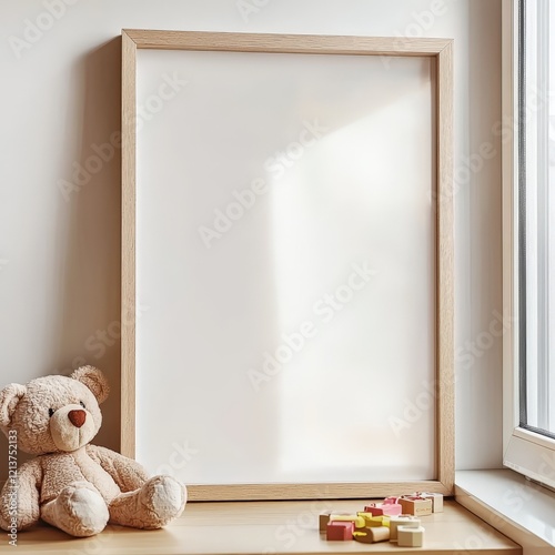 a mock-up of a wooden picture frame in a childrens room photo