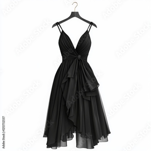 a wrap dress in black colour on a hanger - isolated on white background