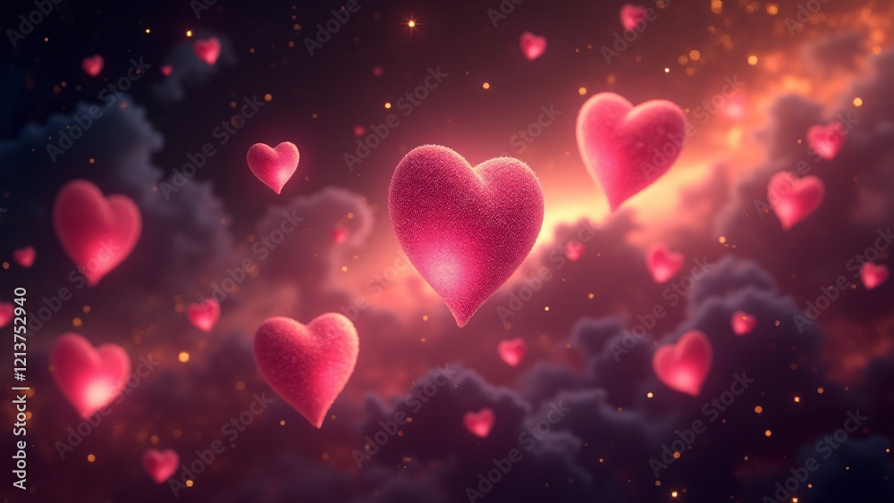 Floating hearts in pink, red, and gold glow softly in a dark cosmic backdrop, surrounded by shimmering stars, glowing constellations, and ethereal purple mist. Floating hearts in pink, red, and gold glow softly in a dark cosmic backdrop, surrounded by shimmering stars, glowing constellations, and ethereal purple mist.