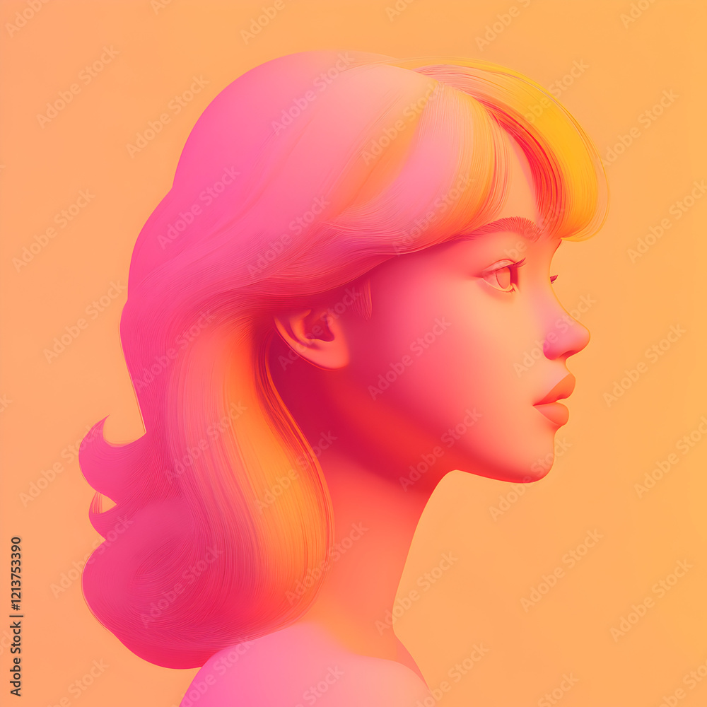 Sun-Kissed Portrait: A woman's profile, bathed in a soft, warm glow, features a cascade of vibrant pink and yellow hair. Sun-Kissed Portrait: A woman's profile, bathed in a soft, warm glow, features a cascade of vibrant pink and yellow hair.