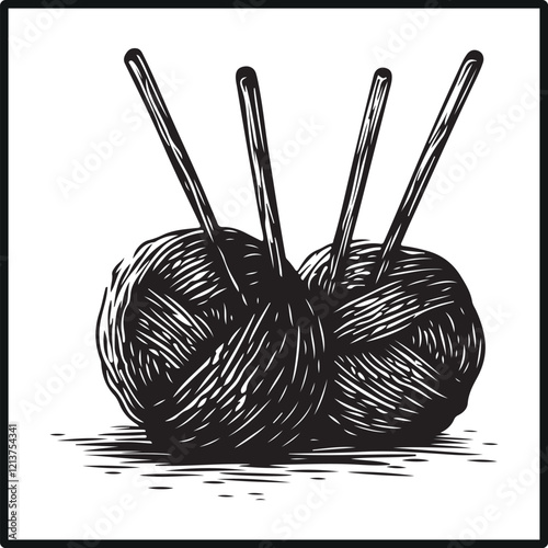 Skein of yarn and knitting needles silhouette