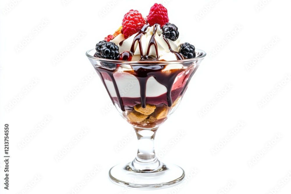 Delicious sundae glass filled with creamy layers, fresh berries, and rich chocolate drizzle against a clean background Delicious sundae glass filled with creamy layers, fresh berries, and rich chocolate drizzle against a clean background