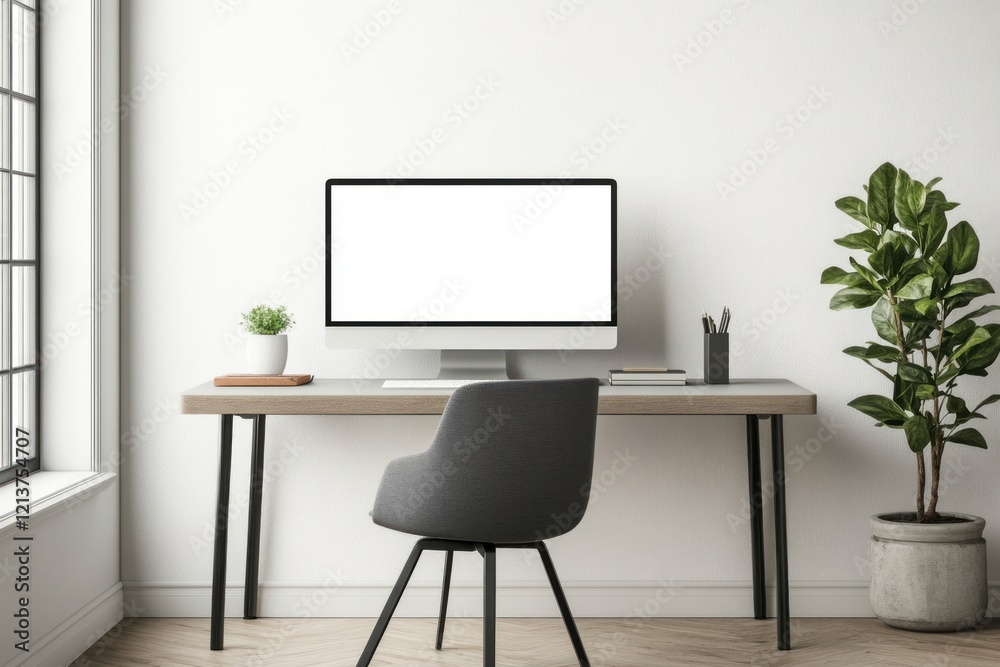 Minimalist Home Office Setup with Blank Computer Screen Minimalist Home Office Setup with Blank Computer Screen