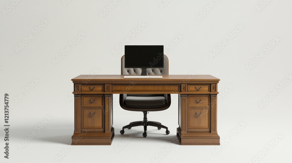 Elegant Wooden Office Desk Setup with Modern Computer and Chair Elegant Wooden Office Desk Setup with Modern Computer and Chair