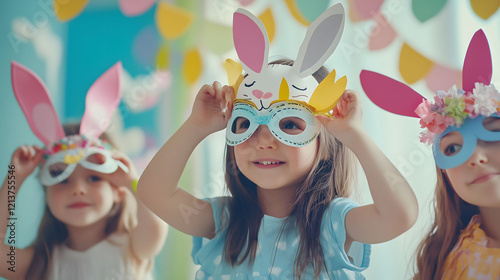 Happy Children Playing With Colorful Bunny Masks During Easter Celebration