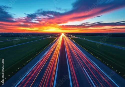 Vibrant Twilight Scene Over a Long Stretch of Road Captured with Light Trails Amidst a Stunning Sunset Sky Highlighting Nature's Beauty and Movement
