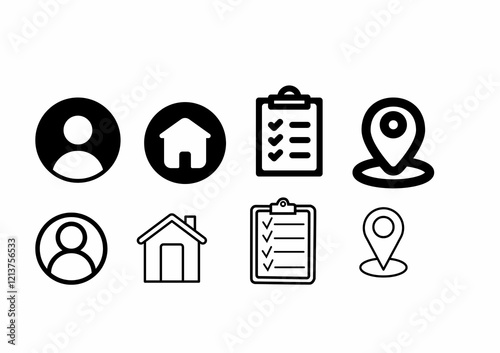 Collection of profile, home, location and checklist icon isolated on white background.