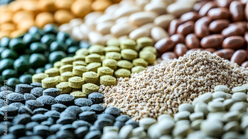 Obraz premium Vitamin and Protein Intense, Macro Shot of Abstract Colorful Protein Powder Grains Showcasing Textural Details