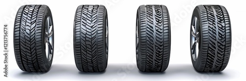 Four side views of a car tire with a steel rim on a white background.
