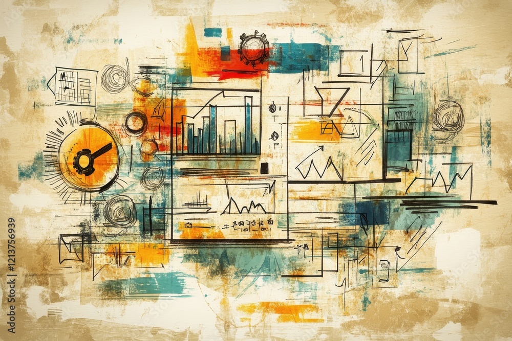 Fototapeta premium Abstract art featuring charts and graphs with bold colors and dynamic shapes, representing data analysis and business concepts effectively and creatively.