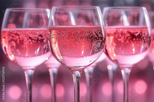 Pink champagne glasses on table with bokeh background, celebration photo