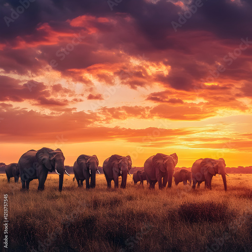 African Sunset Elephants  A majestic herd of African elephants walks across the savanna at sunset  silhouetted against a breathtaking sky ablaze with fiery orange and red hues.