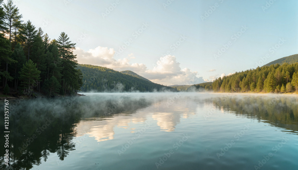 Fototapeta premium Misty freshwater lake reflecting trees in soft morning light, Earth Day