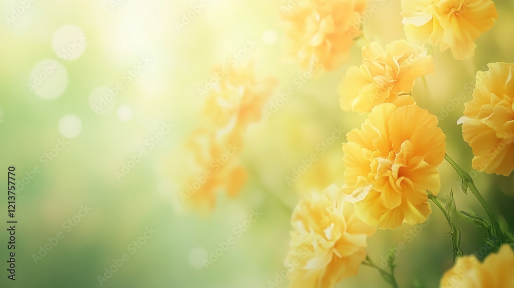 Fototapeta premium Sunny yellow flowers, garden bokeh background, spring banner