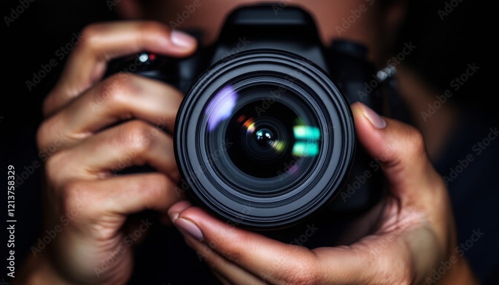 Close-up of a photographer's hands holding a DSLR camera.