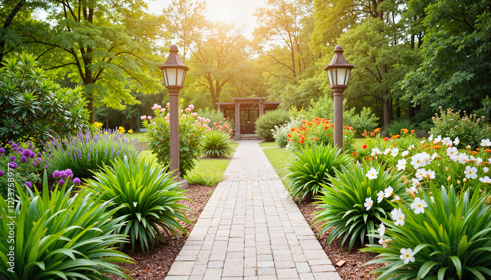Fototapeta premium Serene garden pathway illuminated by soft sunlight, tranquil relaxation