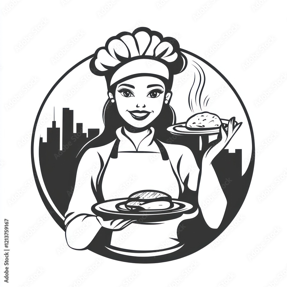 Woman cook holding food plates in city. Food service design. Stock photo