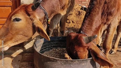 Two sahiwal and gyr cattles eating fodder together from the same pot. Zebu cattle young Indian cow sahiwal breed.