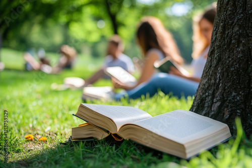 People reading books under a tree in the public park.