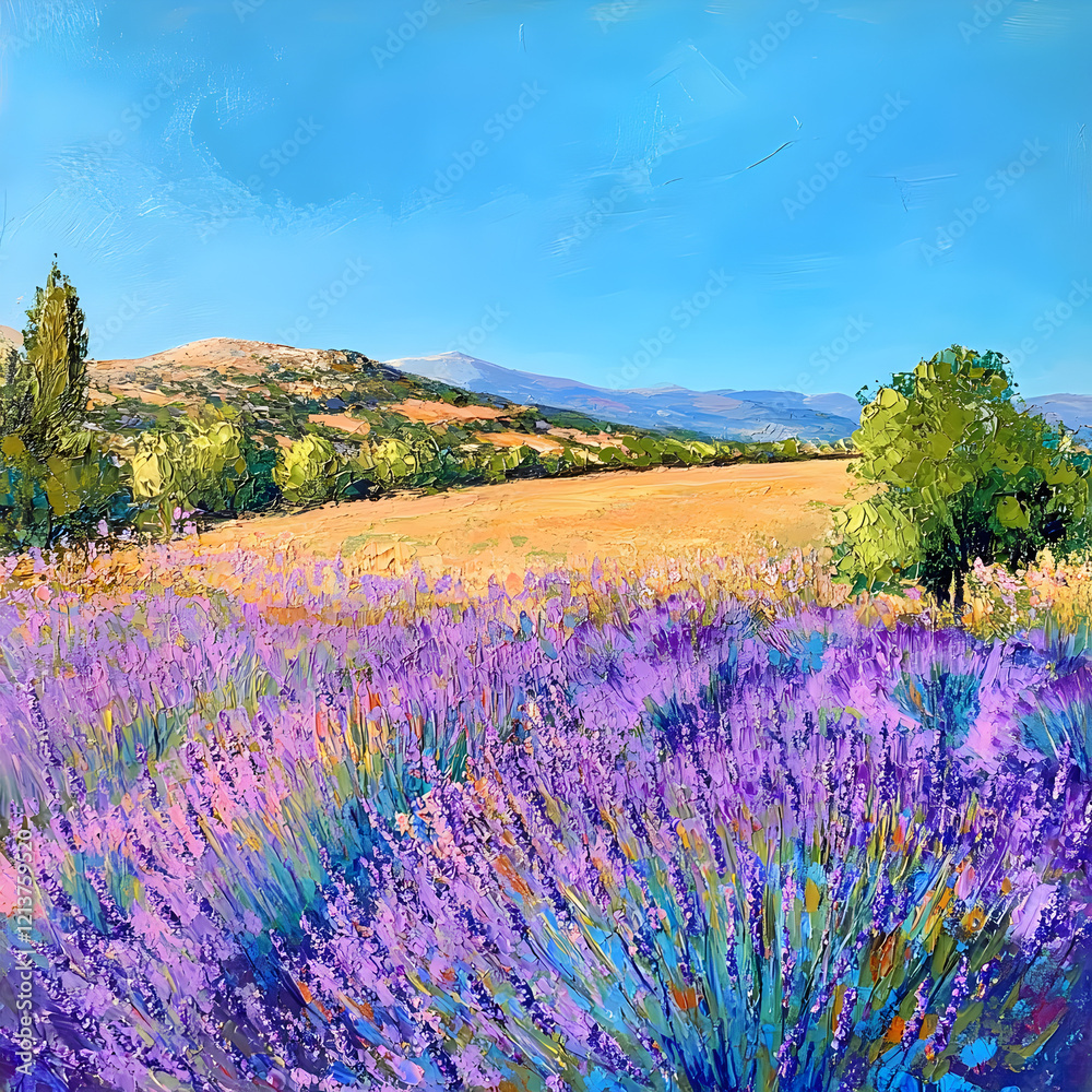 Obraz premium Lavender Fields of Provence: A vibrant impasto painting depicting a breathtaking view of a sprawling lavender field under a clear blue summer sky.