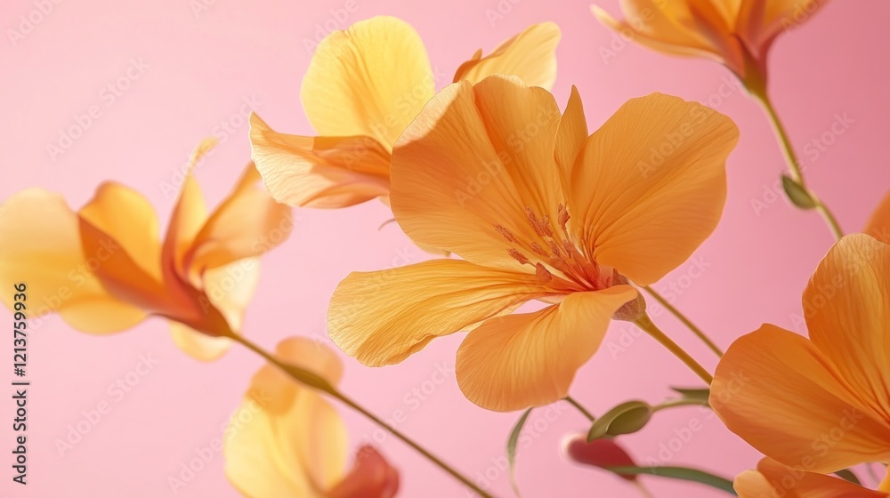 Fototapeta premium Orange flowers, close-up, pink background, studio shot, floral design