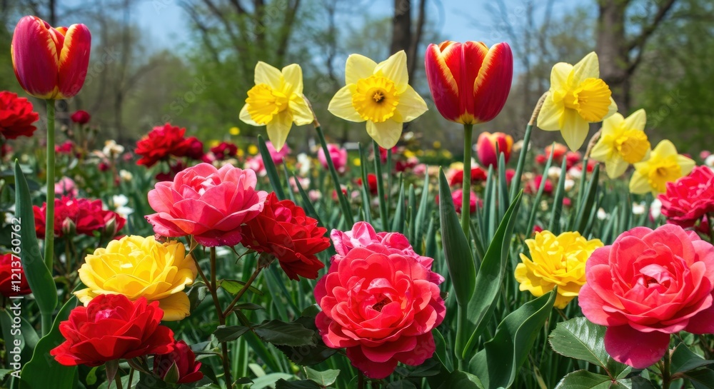 Vibrant Garden with Roses, Tulips, and Daffodils Vibrant Garden with Roses, Tulips, and Daffodils