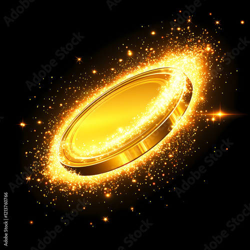 golden coin flipping mid air, surrounded by glowing trail of sparkles photo