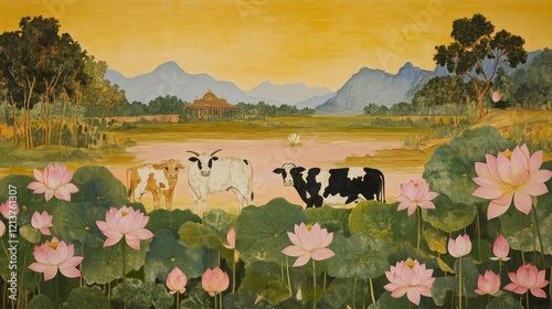 A Pichwai painting featuring cows and lotuses under a sunny backdrop.