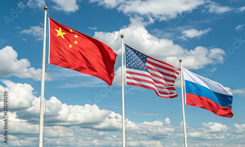 Usa china russia flag country conflict united state america chinese russian national blue sky cloud white culture politic government war business ecommerce country usa china russia national agreement  photo