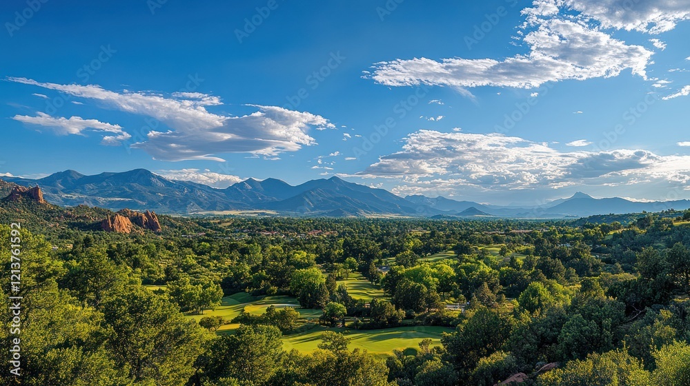 Fototapeta premium Mountain vista, golf course, summer, scenic landscape, Colorado