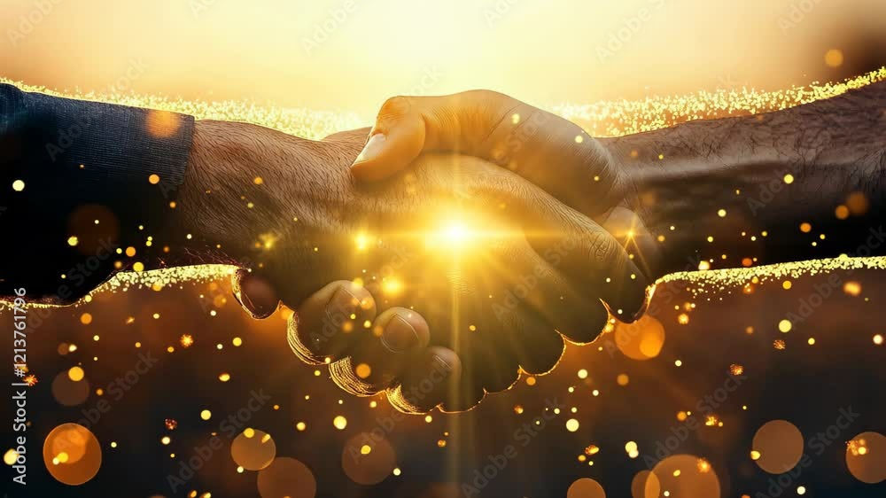 Male partner handshake on gold bokeh background